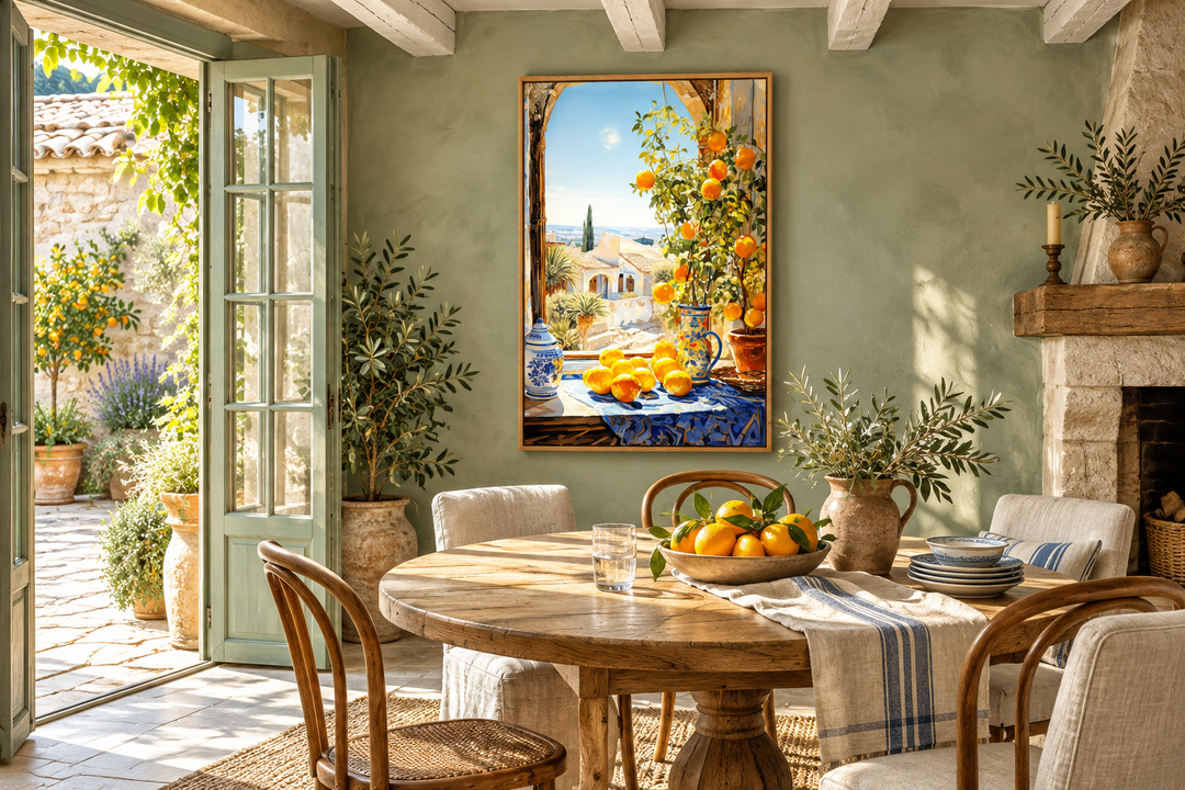 Framed Mediterranean window view painting with oranges in a rustic dining room setting.