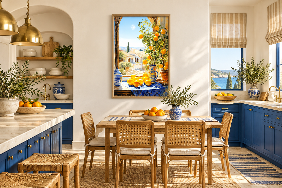 Mediterranean window view wall art with oranges in a bright kitchen and dining room setting.