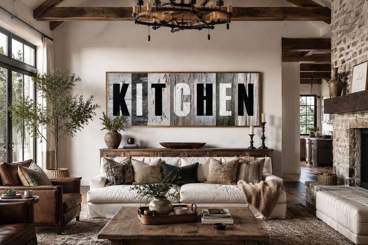 Rustic farmhouse kitchen sign canvas wall decor with bold black letters on weathered wood planks.
