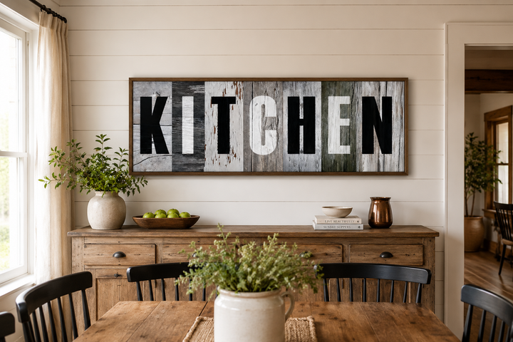 Rustic farmhouse kitchen sign with bold black lettering on a distressed wood-look canvas print.