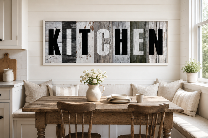 Rustic horizontal canvas wall art spelling KITCHEN in bold letters on a weathered wood background.