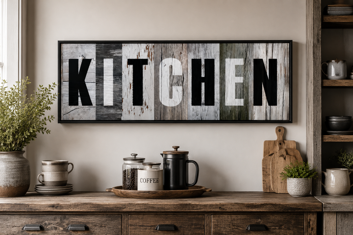 Rustic farmhouse kitchen sign canvas with bold black and white lettering on weathered wood planks.