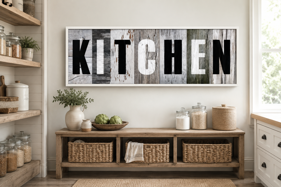 Rustic farmhouse kitchen sign canvas wall decor with bold black and white lettering on wood planks.