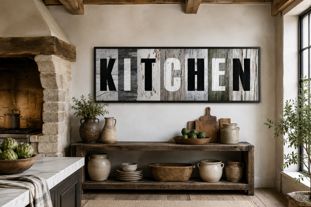 Rustic farmhouse kitchen sign canvas wall decor with bold black lettering on weathered wood planks.