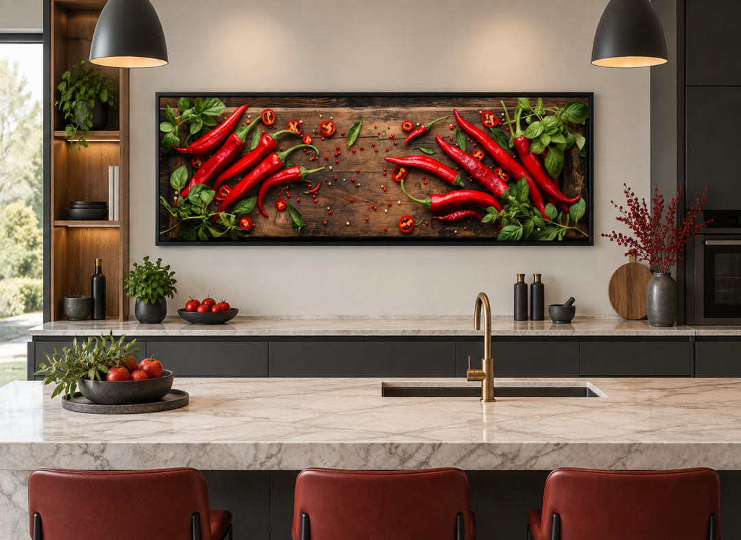 Framed horizontal canvas wall art of red chili peppers on a wooden board in a modern kitchen.
