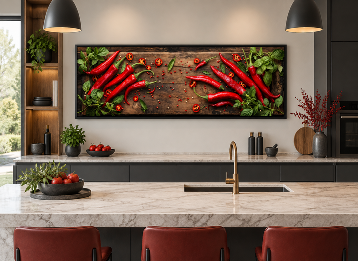 Framed horizontal canvas wall art of red chili peppers on a wooden board in a modern kitchen.