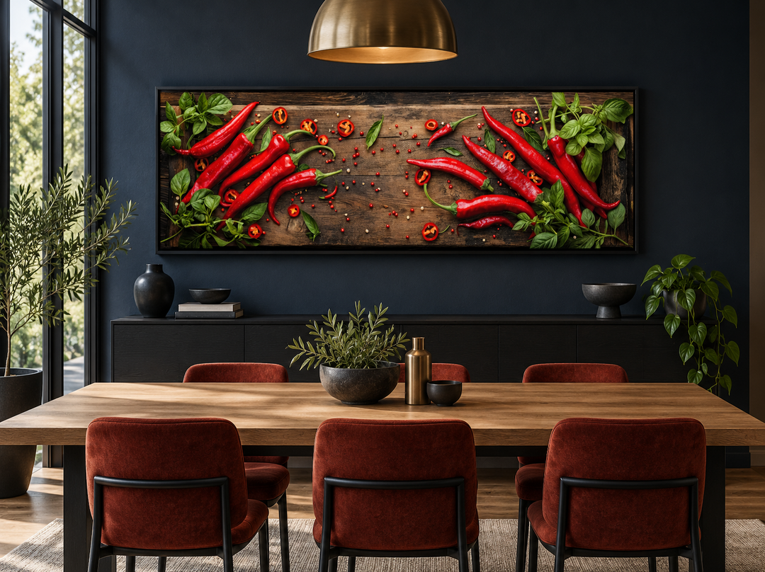 Chilli peppers sliced on wooden board framed canvas wall art in a modern dining room.