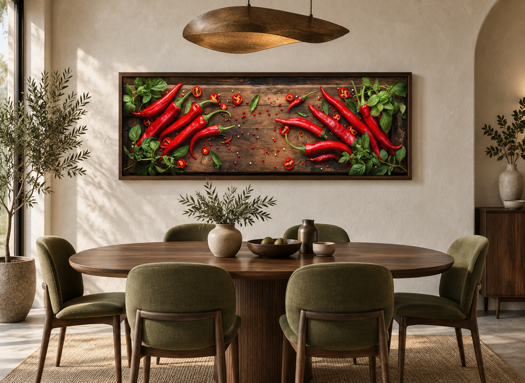 Framed canvas wall art of sliced red chili peppers on a wooden board in a modern dining room.