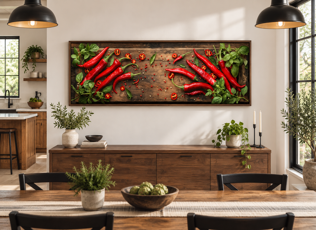 Framed canvas wall art of red chili peppers and basil on a wooden board in a modern dining room.