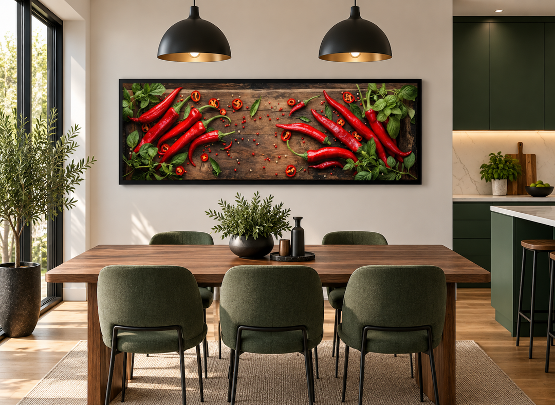 Chilli peppers sliced on wooden board framed canvas wall art in a modern dining room setting.