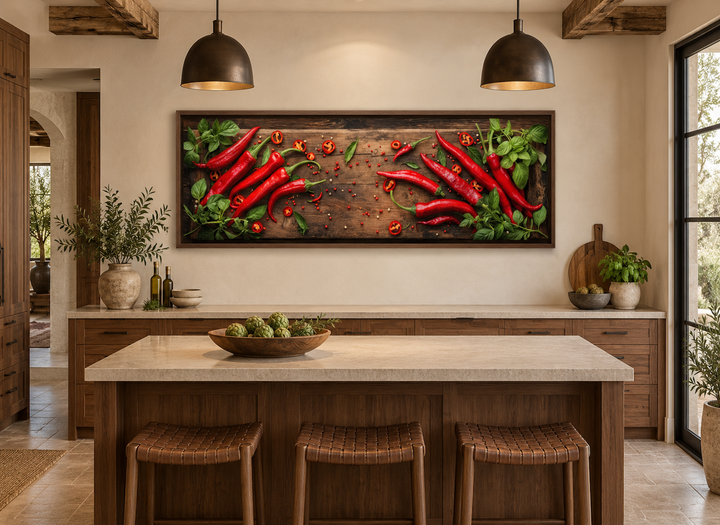 Chilli peppers sliced on a wooden board framed canvas wall art in a rustic kitchen setting.