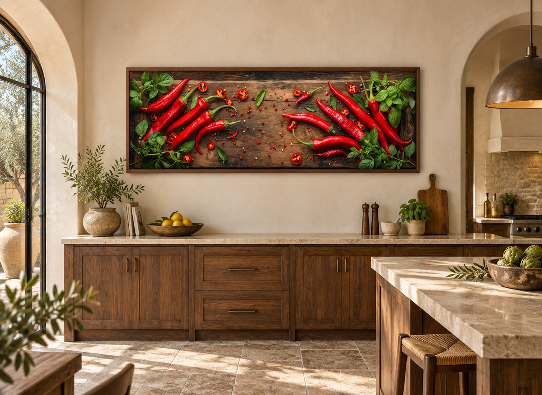 Framed canvas wall art of sliced red chili peppers on a rustic wooden board in a kitchen setting.