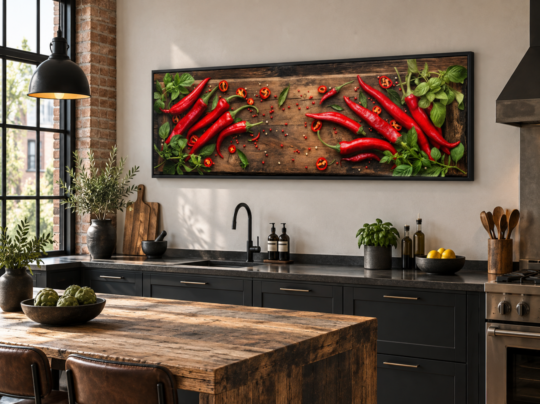 Chilli peppers sliced on a wooden board framed canvas wall art in a modern rustic kitchen.