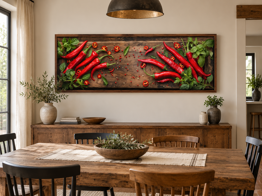 Framed canvas wall art of red chili peppers and basil on a rustic wood board in a dining room.