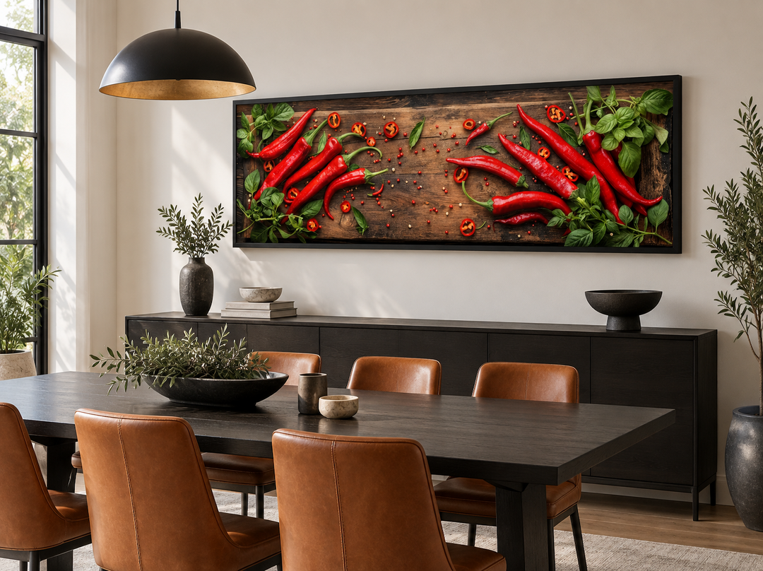 Chilli peppers sliced on a wooden board framed canvas wall art in a modern dining room setting.