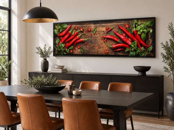 Chilli peppers sliced on a wooden board framed canvas wall art in a modern dining room setting.