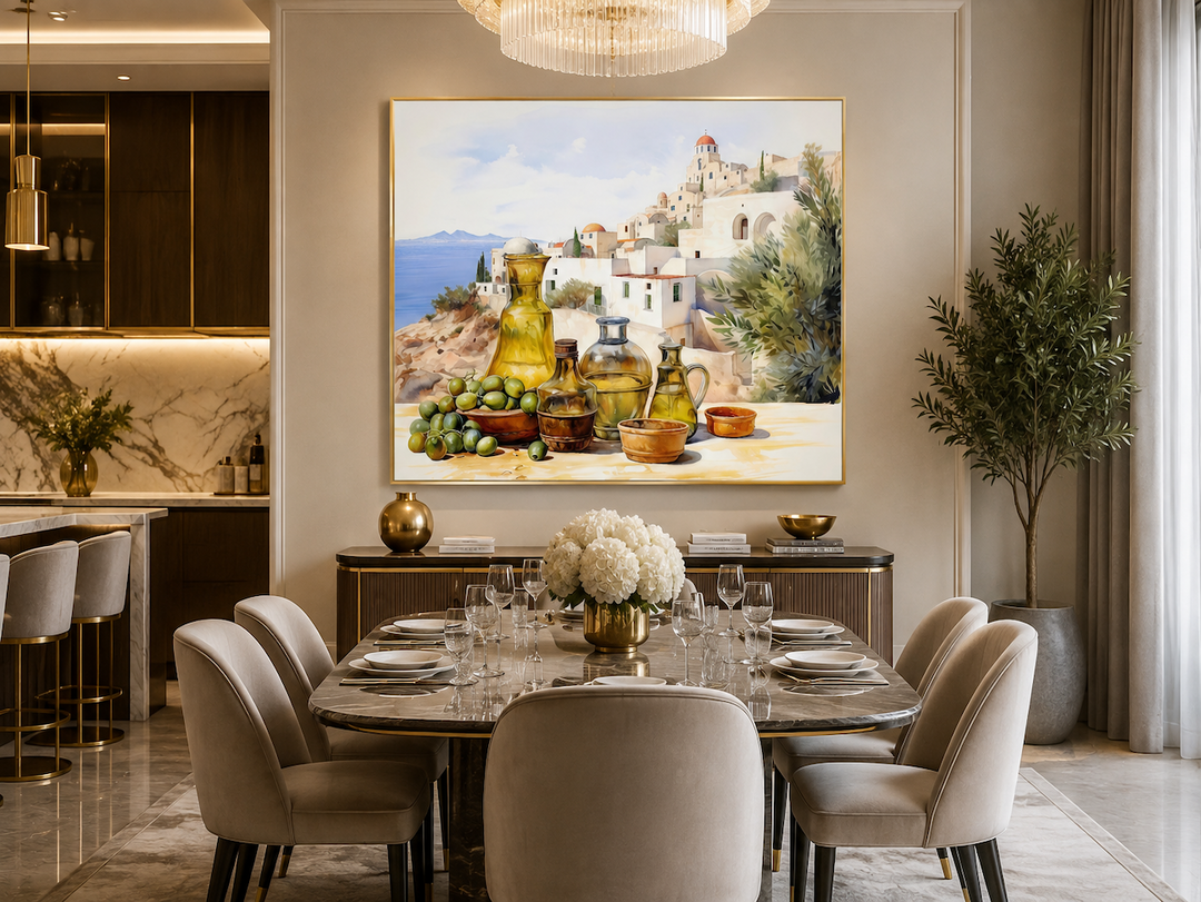 Olives and oil watercolor Greece landscape framed canvas wall art in a modern dining room setting.