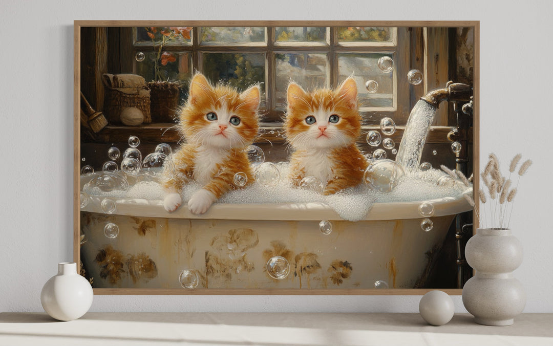 Kittens In Bathtub Framed Canvas Wall Art