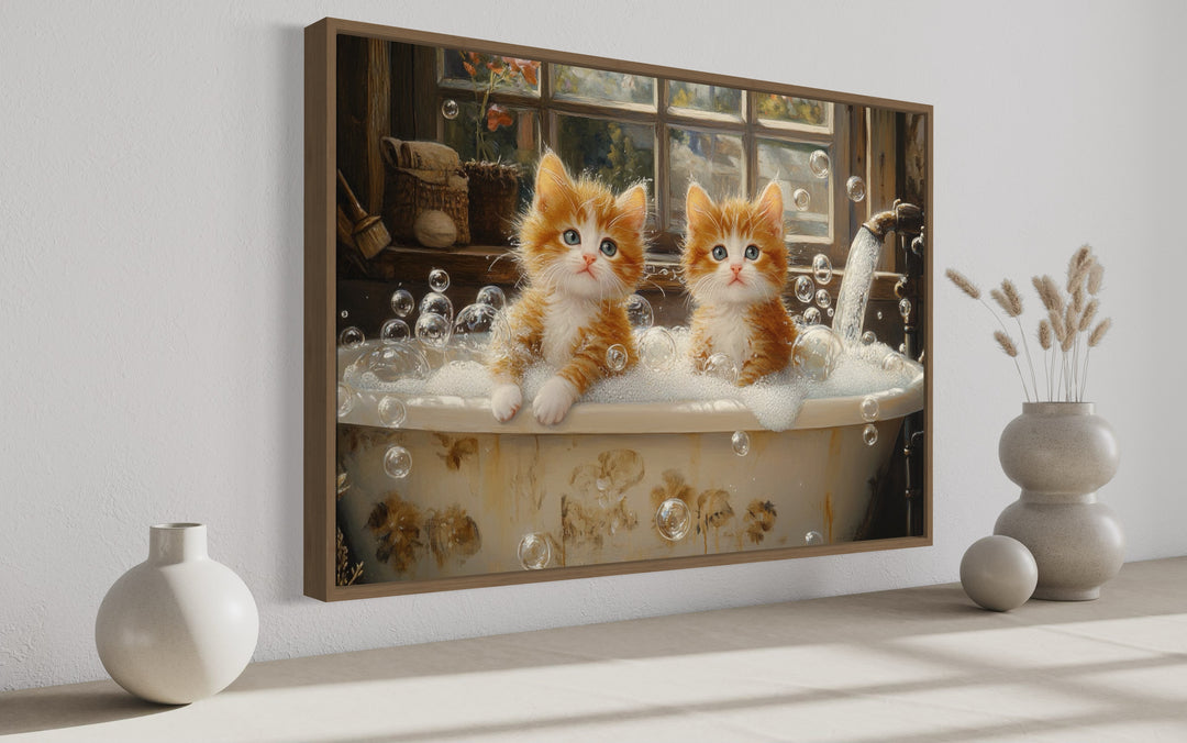 Kittens In Bathtub Framed Canvas Wall Art