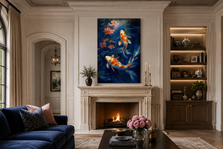 Koi fish in navy blue water feng shui framed canvas wall art hanging above a fireplace in a room.