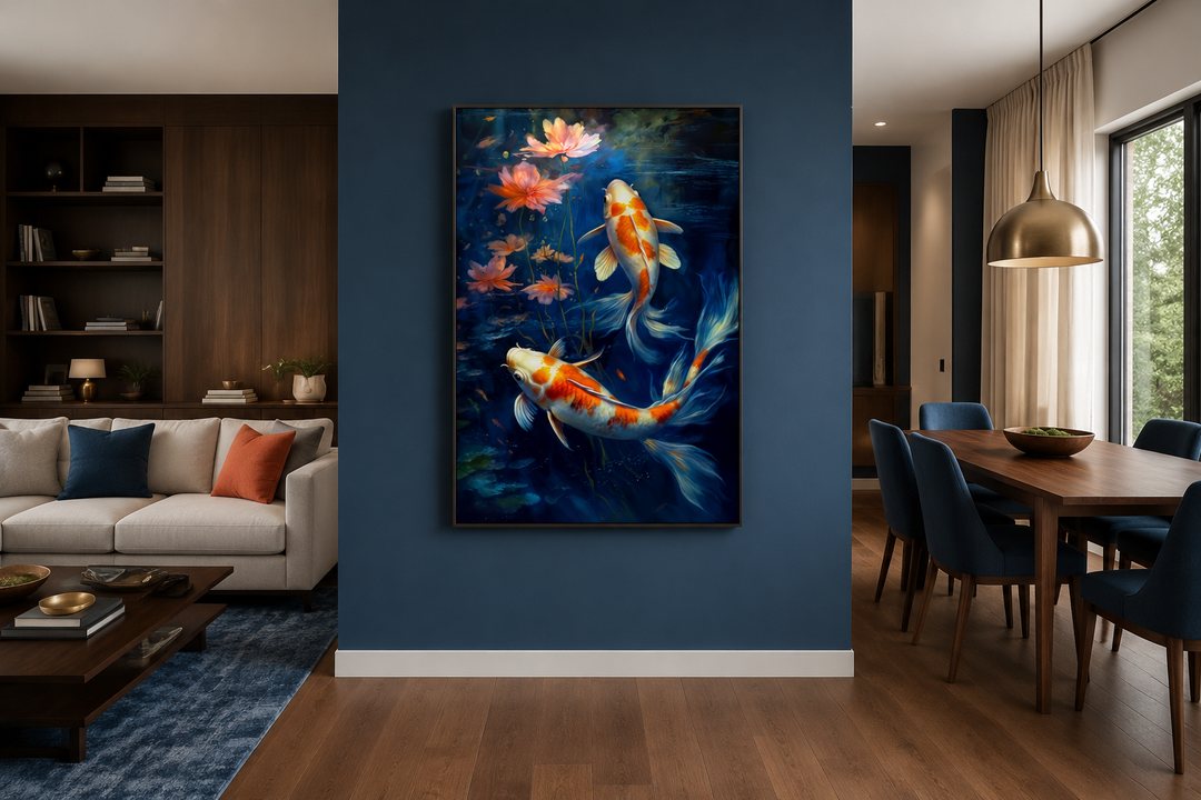 Framed canvas wall art of orange and white koi fish swimming in deep navy blue water with lilies.
