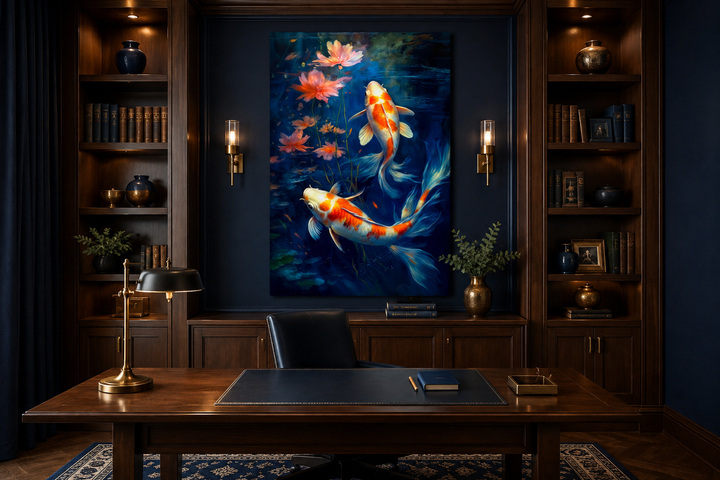 Koi Fish In Navy Blue Water Feng Shui Framed Canvas Wall Art displayed in a dark wood office setting.