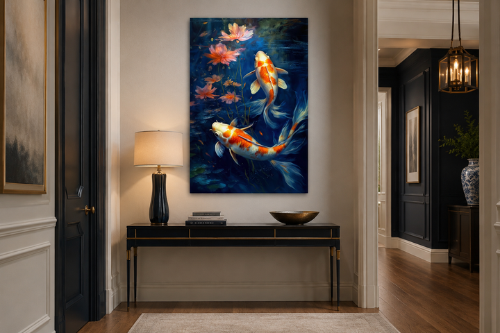 Koi Fish In Navy Blue Water Feng Shui Framed Canvas Wall Art hanging above a black console table.