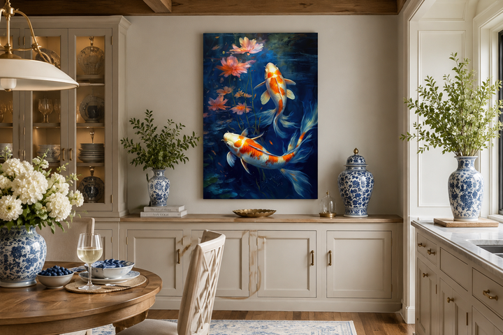 Koi fish in navy blue water feng shui framed canvas wall art hanging in a dining room.
