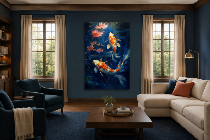 Koi fish in navy blue water feng shui framed canvas wall art hanging in a modern living room.