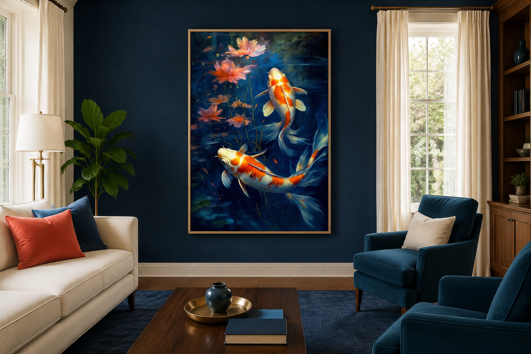 Framed canvas wall art of two koi fish swimming in navy blue water with pink lotus flowers.