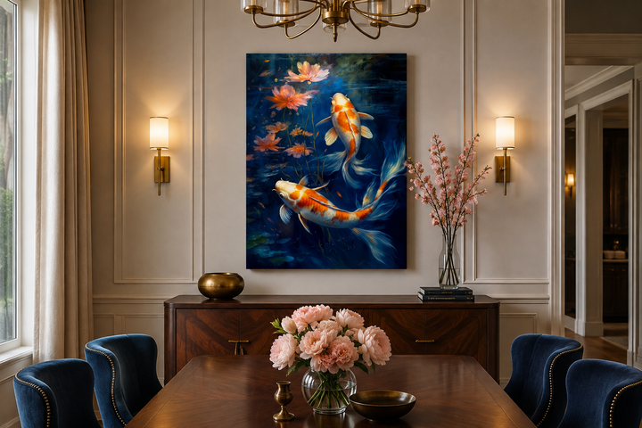 Framed canvas wall art of two koi fish swimming in navy blue water with pink lotus flowers.