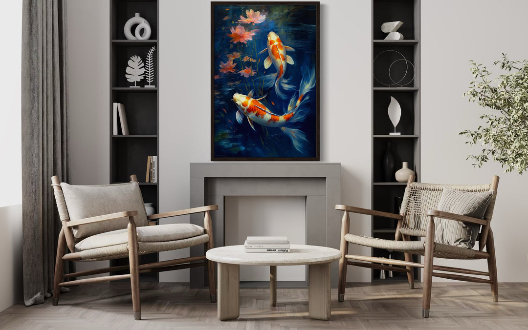 Koi Fish In Navy Blue Water Feng Shui Framed Canvas Wall Art hanging above a modern fireplace.