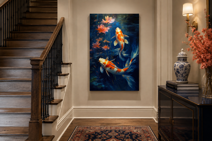 Koi Fish In Navy Blue Water Feng Shui Framed Canvas Wall Art hanging in a home hallway.