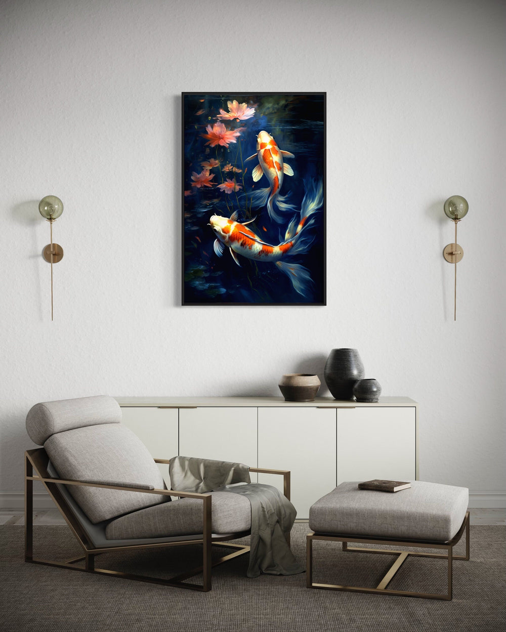 Koi Fish In Navy Blue Water Feng Shui Framed Canvas Wall Art