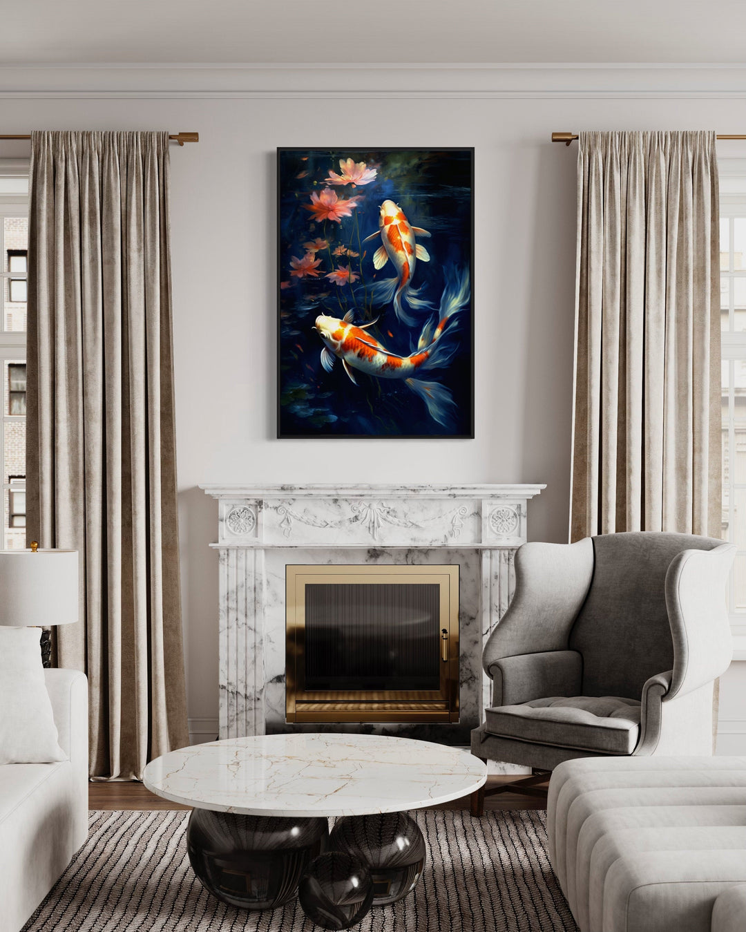 Koi Fish In Navy Blue Water Feng Shui Framed Canvas Wall Art