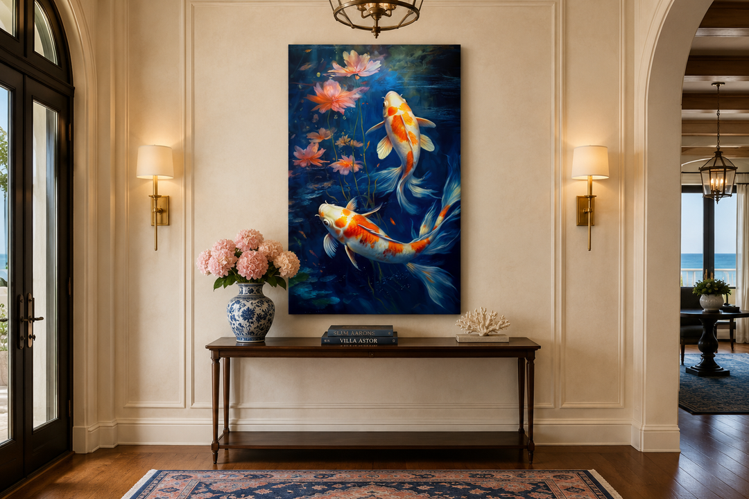 Koi fish in navy blue water feng shui framed canvas wall art hanging above a console table.