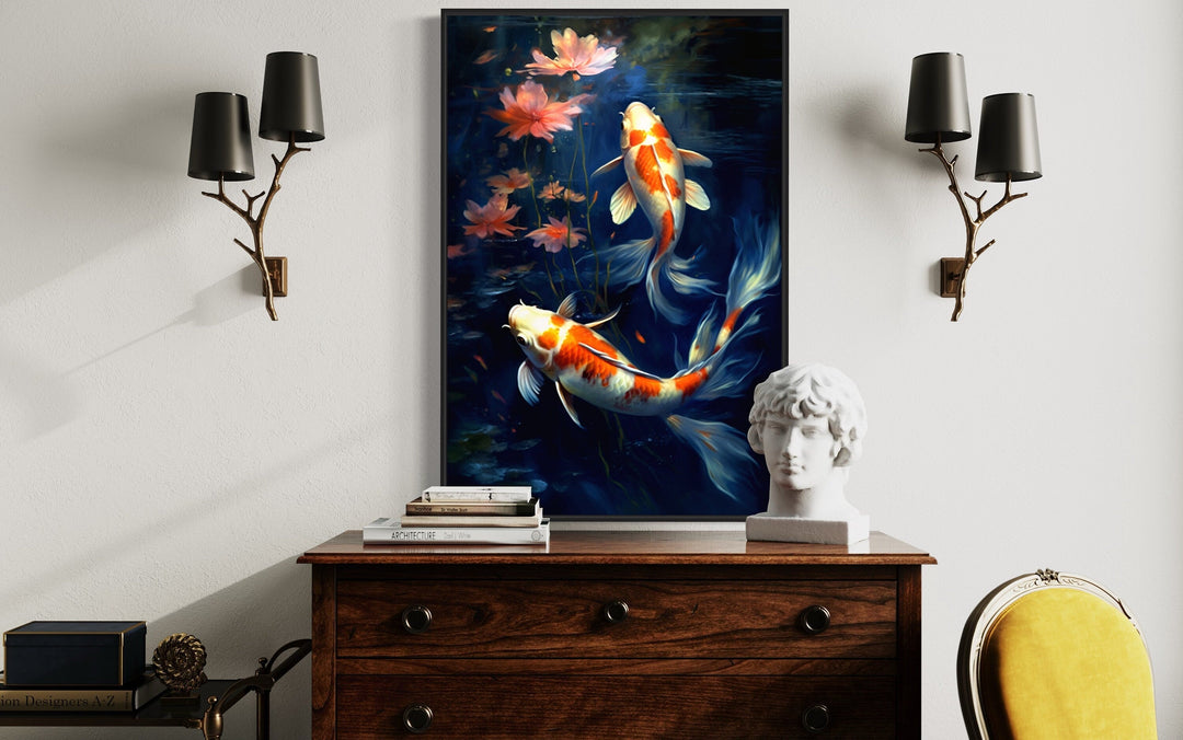 Koi Fish In Navy Blue Water Feng Shui Framed Canvas Wall Art