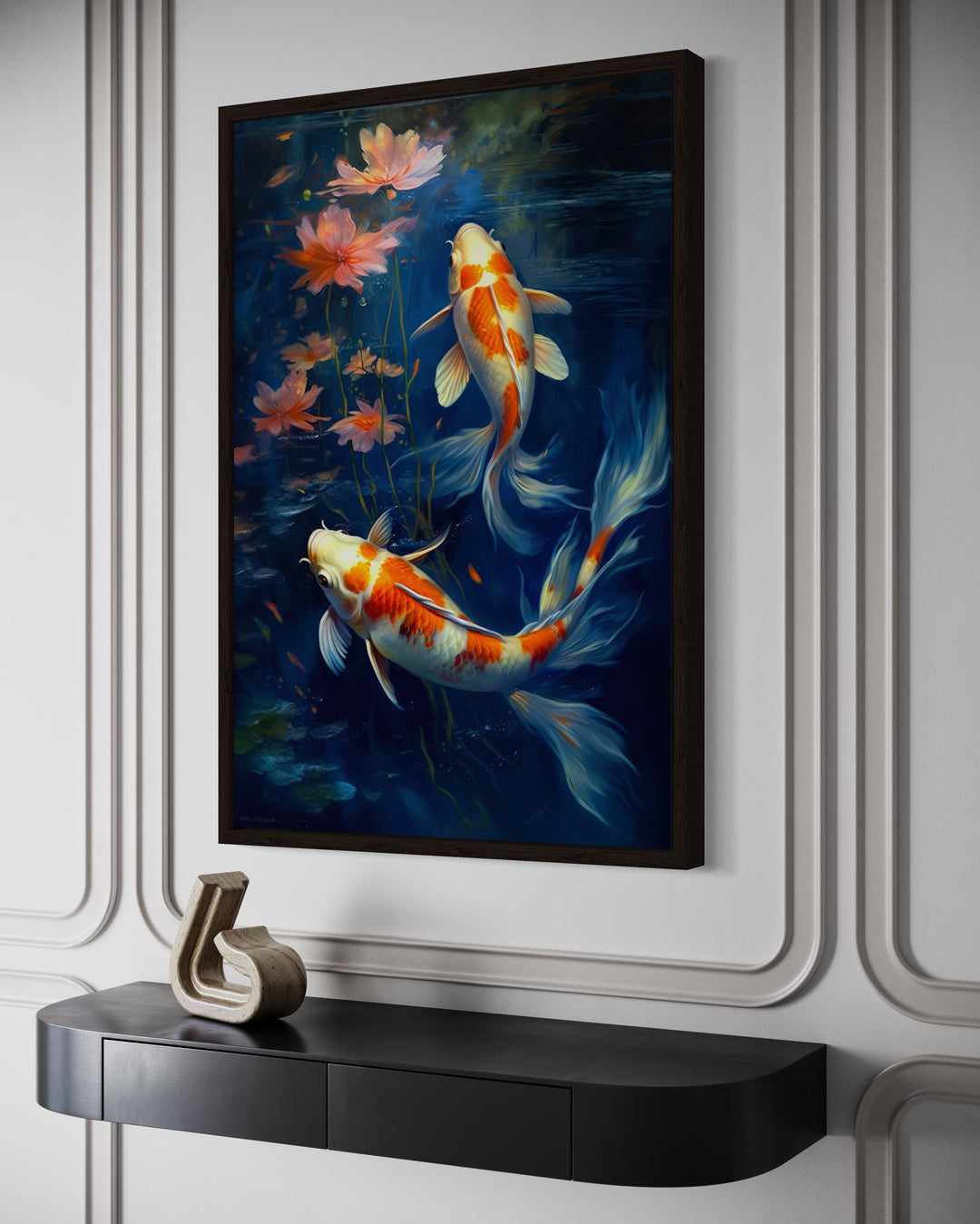 Framed canvas wall art of two orange and white koi fish swimming in deep navy blue water.