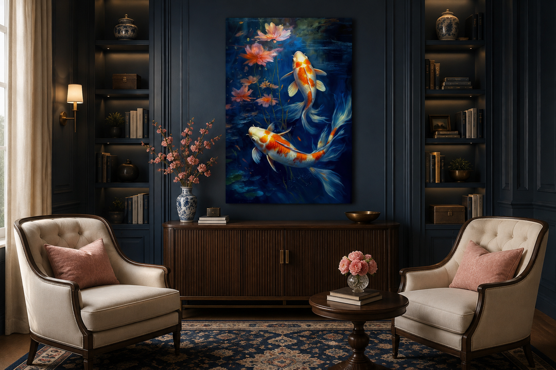 Koi Fish In Navy Blue Water Feng Shui Framed Canvas Wall Art hanging in a dark blue living room.
