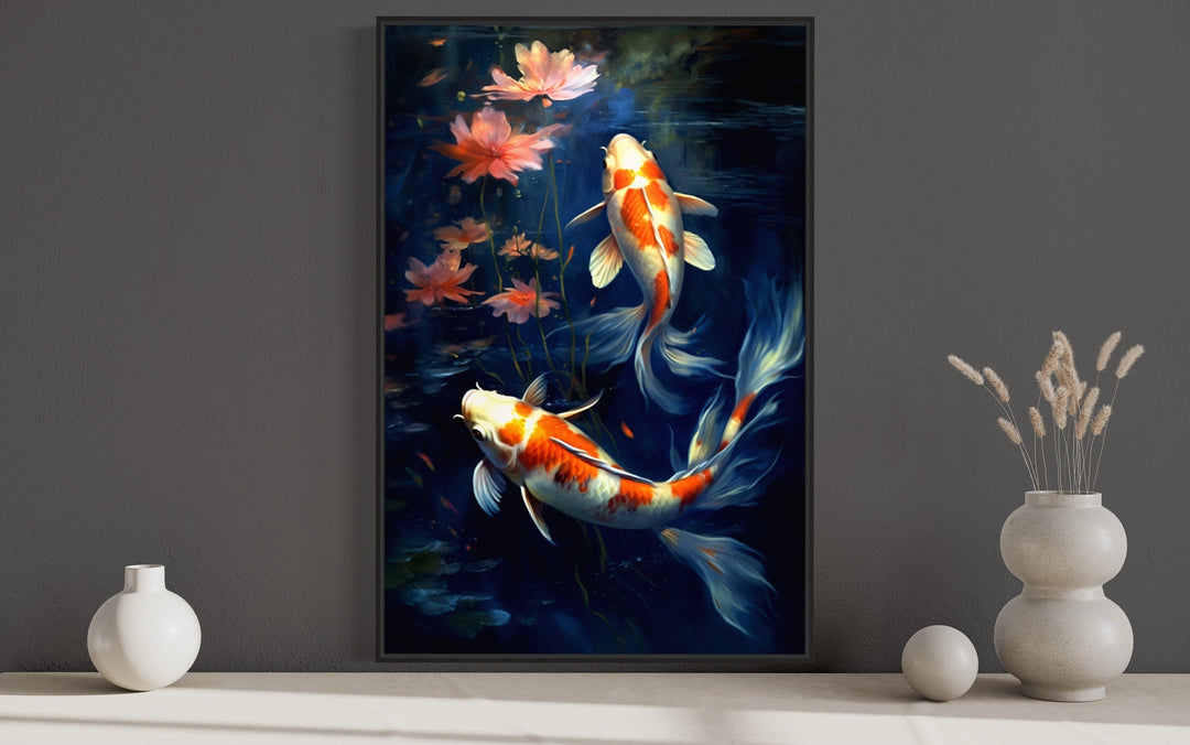 Koi Fish In Navy Blue Water Feng Shui Framed Canvas Wall Art