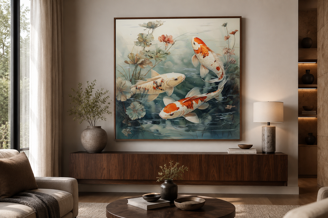 Square framed canvas wall art of koi fish swimming in a sage green pond above a wooden console.