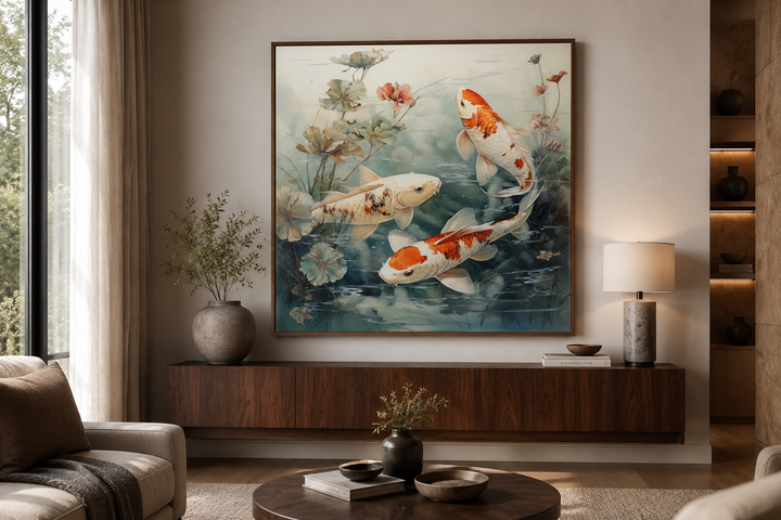 Square framed canvas wall art of koi fish swimming in a sage green pond above a wooden console.