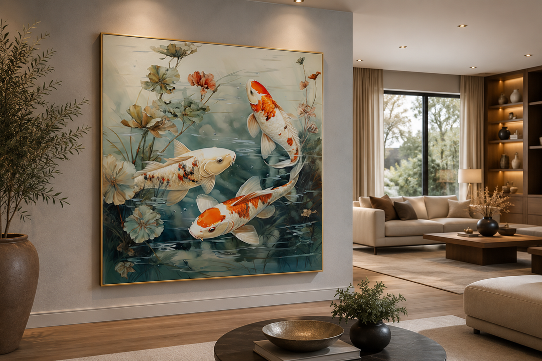 Square framed canvas wall art of koi fish swimming in a sage green pond with lotus flowers.