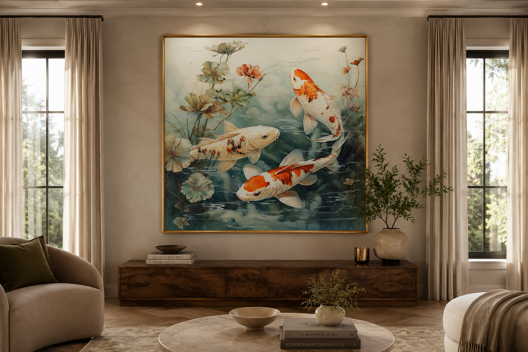 Square framed canvas wall art of koi fish swimming in a sage green pond above a wooden console.