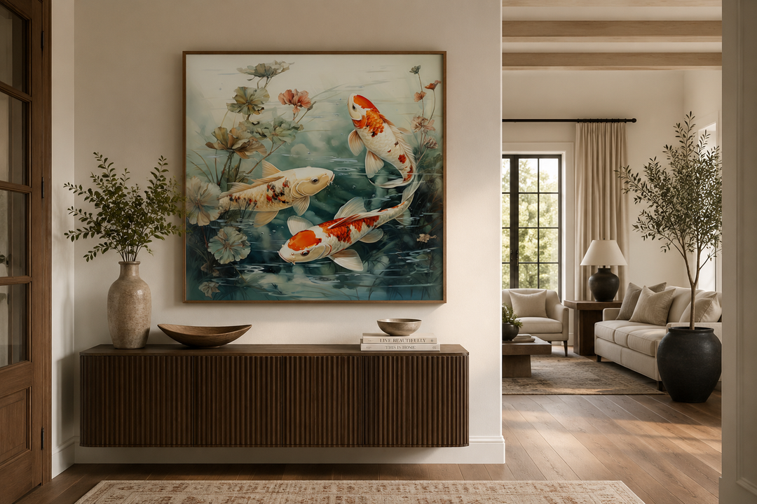 Square framed canvas wall art of koi fish swimming in a sage green pond above a wooden console.