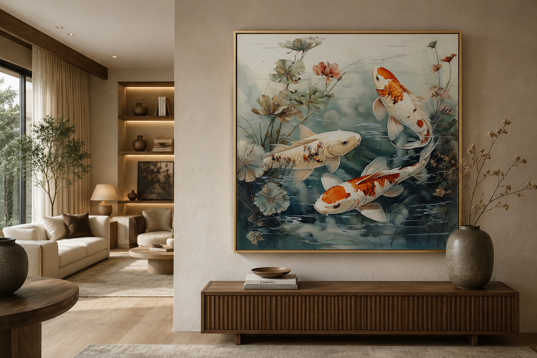 Square framed canvas wall art of koi fish swimming in a sage green pond above a wooden console.