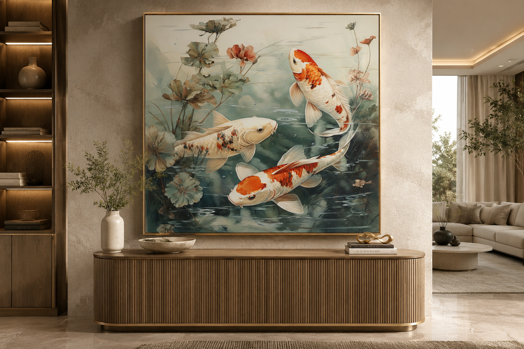 Square framed canvas wall art of koi fish swimming in a sage green pond above a wooden console.