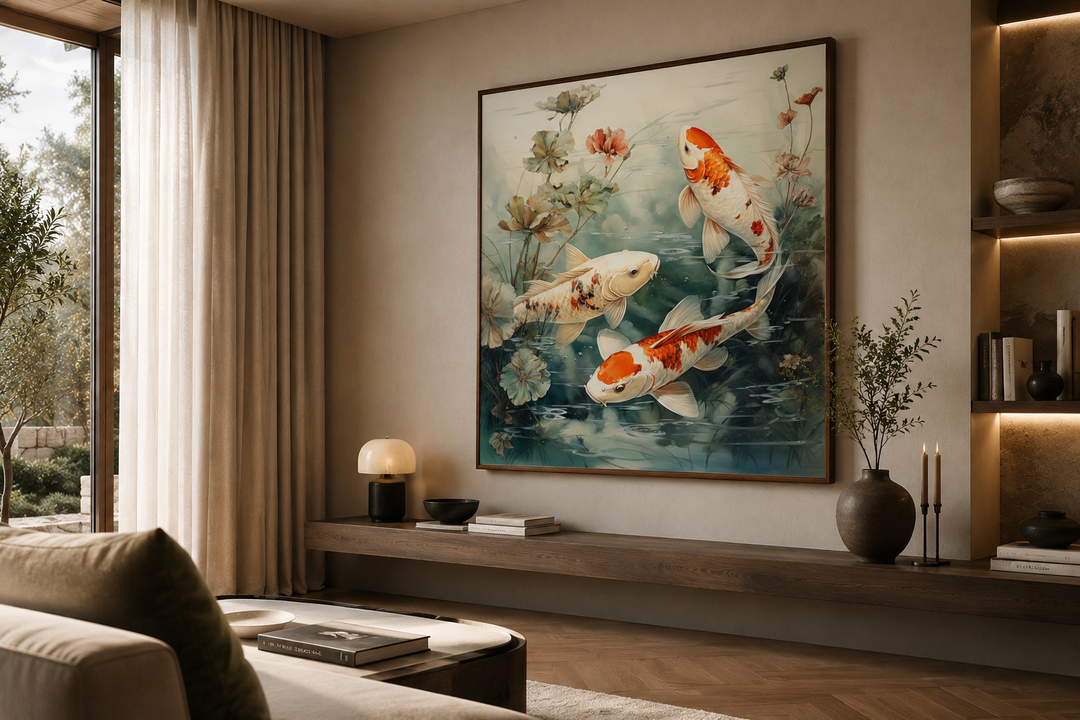 Square framed canvas wall art of koi fish swimming in a sage green pond in a modern living room.