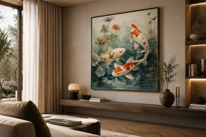 Square framed canvas wall art of koi fish swimming in a sage green pond in a modern living room.