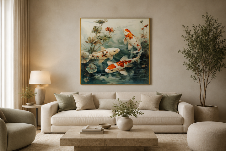 Square framed canvas wall art of koi fish swimming in a sage green pond above a modern cream sofa.